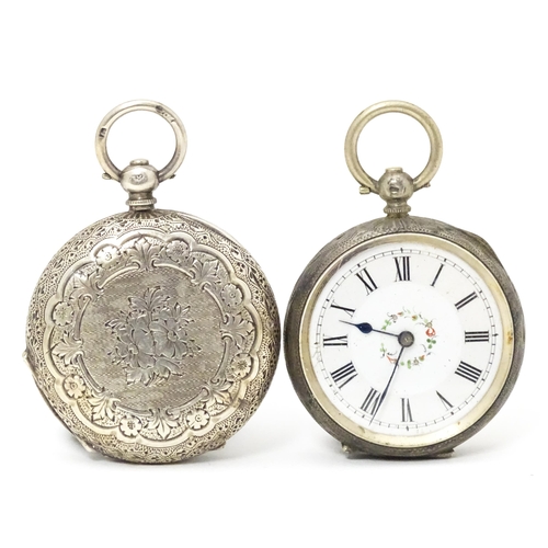 762 - A Continental .800 silver corsage / fob watch with white enamel dial, Roman numerals and floral deta... 