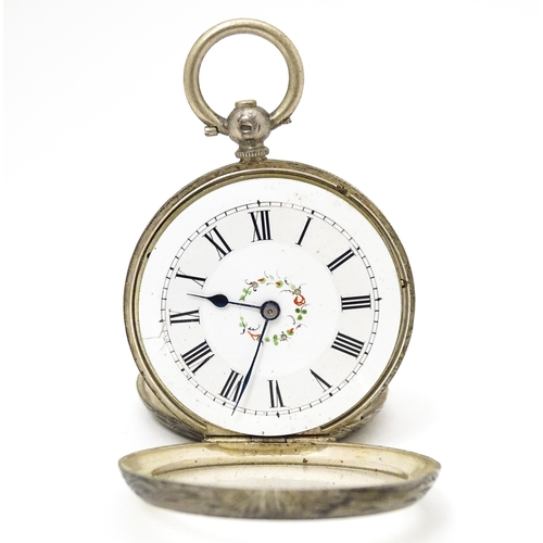 762 - A Continental .800 silver corsage / fob watch with white enamel dial, Roman numerals and floral deta... 