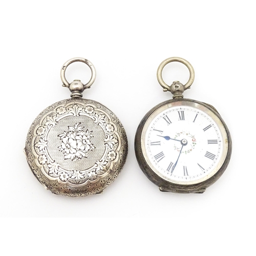 762 - A Continental .800 silver corsage / fob watch with white enamel dial, Roman numerals and floral deta... 