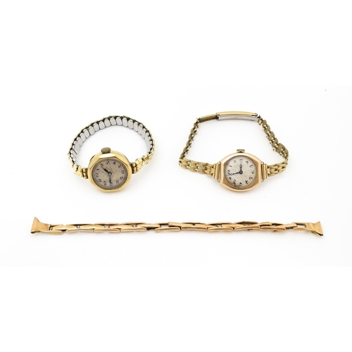 771 - Two ladies 9ct gold cased wristwatches. Together with a 9ct gold watch strap (3)