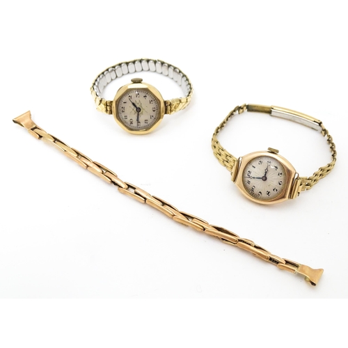 771 - Two ladies 9ct gold cased wristwatches. Together with a 9ct gold watch strap (3)