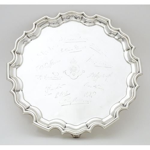 334 - A silver salver with engraved Royal Fusiliers (City of London) regimental insignia, together with va... 