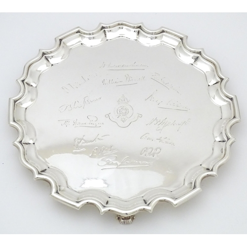 334 - A silver salver with engraved Royal Fusiliers (City of London) regimental insignia, together with va... 