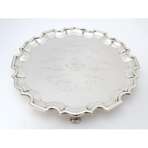 334 - A silver salver with engraved Royal Fusiliers (City of London) regimental insignia, together with va... 