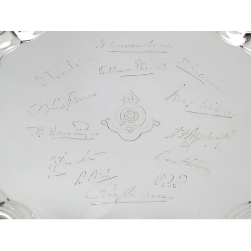 334 - A silver salver with engraved Royal Fusiliers (City of London) regimental insignia, together with va... 