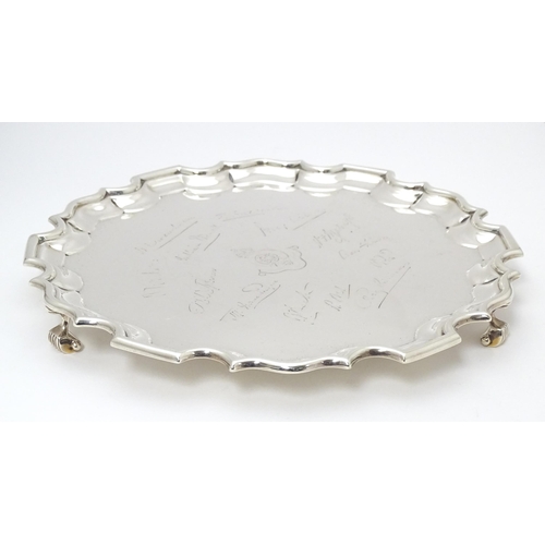 334 - A silver salver with engraved Royal Fusiliers (City of London) regimental insignia, together with va... 