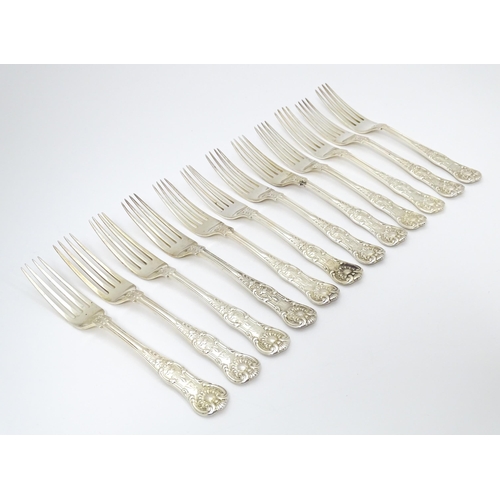 527 - Twelve associated Victorian silver Kings pattern dessert forks comprising five hallmarked London 184... 