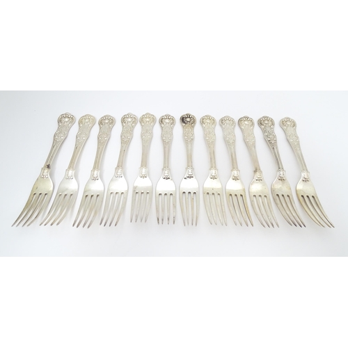 527 - Twelve associated Victorian silver Kings pattern dessert forks comprising five hallmarked London 184... 