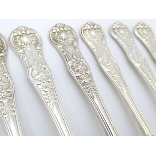 527 - Twelve associated Victorian silver Kings pattern dessert forks comprising five hallmarked London 184... 