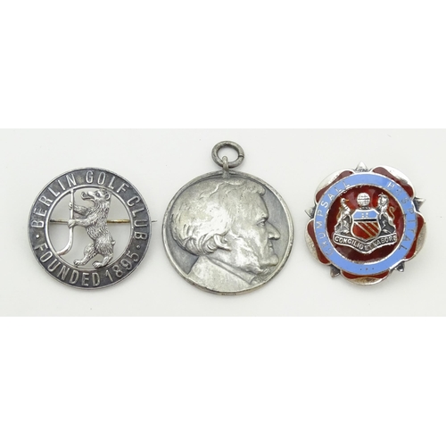 776 - Three assorted items comprising white metal badge titled Berlin Golf Club Founded 1895, a silver bad... 