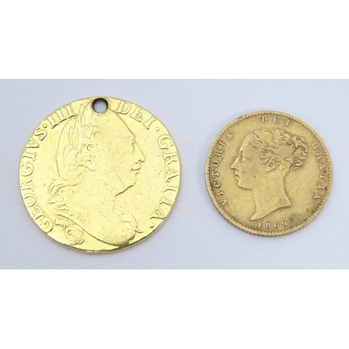 778 - Coin: A Victorian 1869 gold half sovereign coin. Approx. weight 4g. Together with a coin formed fob ... 