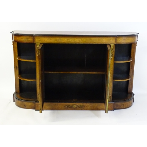 1336 - A 19thC burr walnut credenza, with an ebonised finish to the top edge and to the stepped base. The b... 