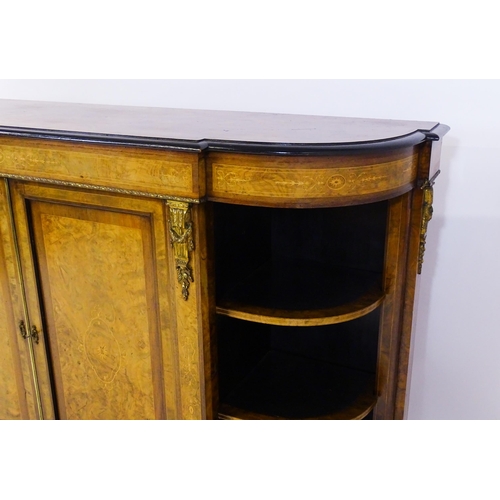 1336 - A 19thC burr walnut credenza, with an ebonised finish to the top edge and to the stepped base. The b... 