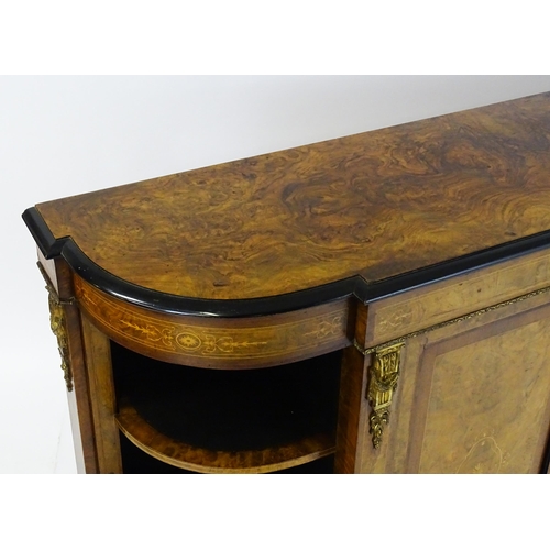 1336 - A 19thC burr walnut credenza, with an ebonised finish to the top edge and to the stepped base. The b... 