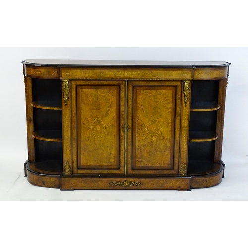 1336 - A 19thC burr walnut credenza, with an ebonised finish to the top edge and to the stepped base. The b... 