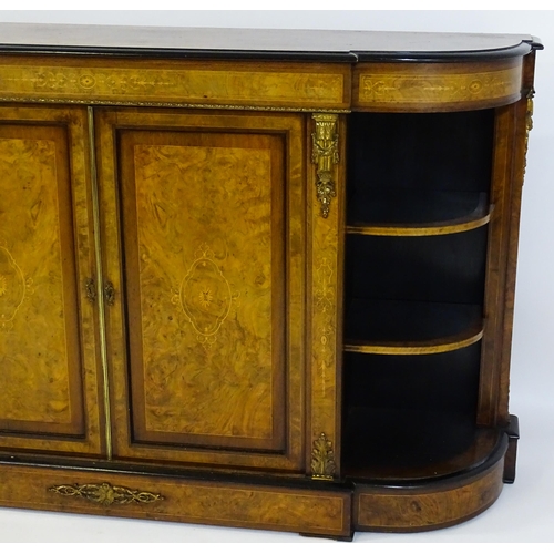 1336 - A 19thC burr walnut credenza, with an ebonised finish to the top edge and to the stepped base. The b... 