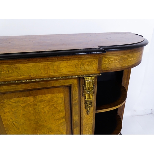 1336 - A 19thC burr walnut credenza, with an ebonised finish to the top edge and to the stepped base. The b... 