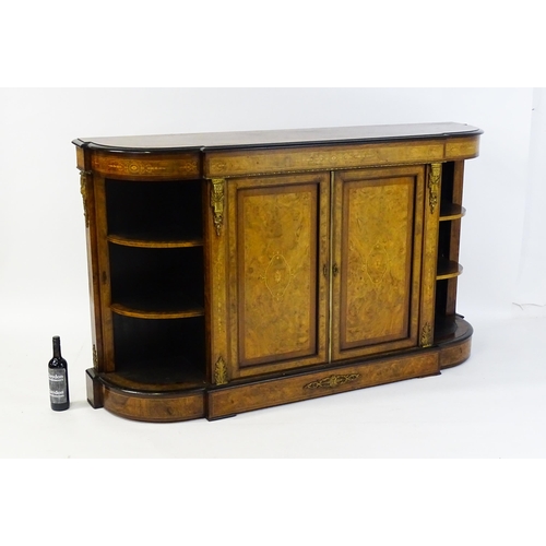 1336 - A 19thC burr walnut credenza, with an ebonised finish to the top edge and to the stepped base. The b... 