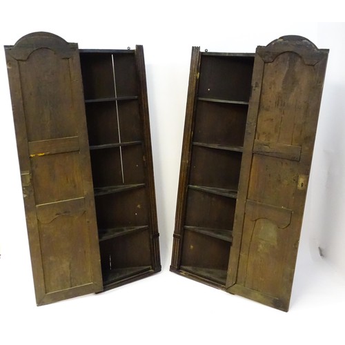 1339 - A pair of 19thC carved oak cupboards with rounded tops, panelled doors, fluted pilasters and having ... 