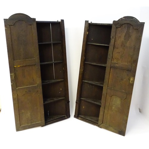 1339 - A pair of 19thC carved oak cupboards with rounded tops, panelled doors, fluted pilasters and having ... 