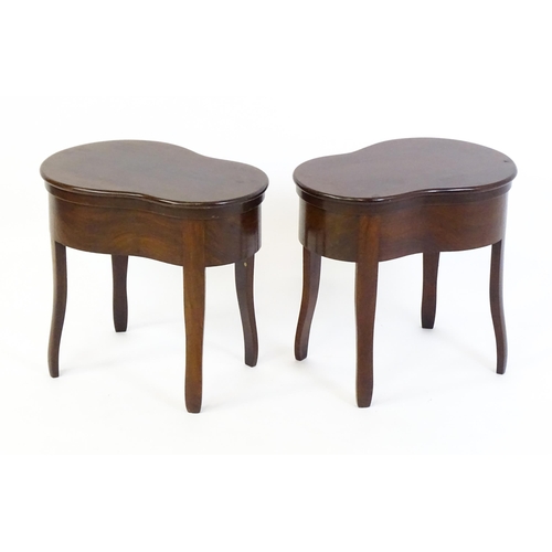 1383 - A pair of 19thC mahogany Holland & Sons  bidets, the two pieces having kidney shaped, moulded tops r... 