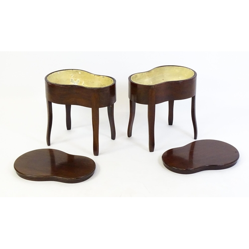 1383 - A pair of 19thC mahogany Holland & Sons  bidets, the two pieces having kidney shaped, moulded tops r... 