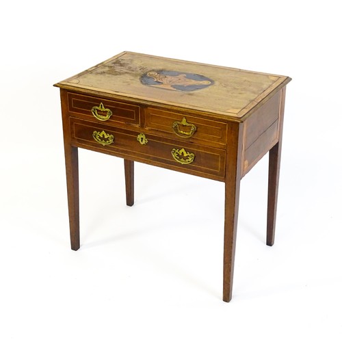 1385 - An early 19thC mahogany side table with a satinwood marquetry inlaid and crossbanded top above two s... 