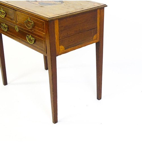 1385 - An early 19thC mahogany side table with a satinwood marquetry inlaid and crossbanded top above two s... 