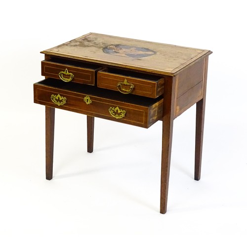 1385 - An early 19thC mahogany side table with a satinwood marquetry inlaid and crossbanded top above two s... 