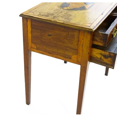 1385 - An early 19thC mahogany side table with a satinwood marquetry inlaid and crossbanded top above two s... 