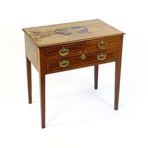 1385 - An early 19thC mahogany side table with a satinwood marquetry inlaid and crossbanded top above two s... 