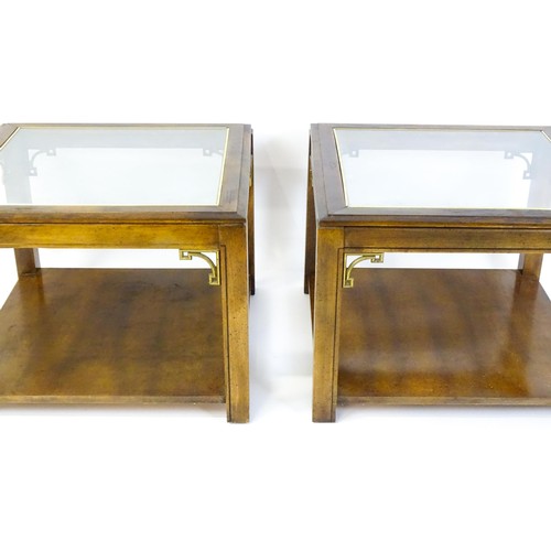 1394 - A pair of late 20thC coffee tables with glass tops, gilt mouldings and Anglo-Japanese style brackets... 