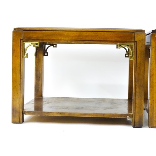 1394 - A pair of late 20thC coffee tables with glass tops, gilt mouldings and Anglo-Japanese style brackets... 