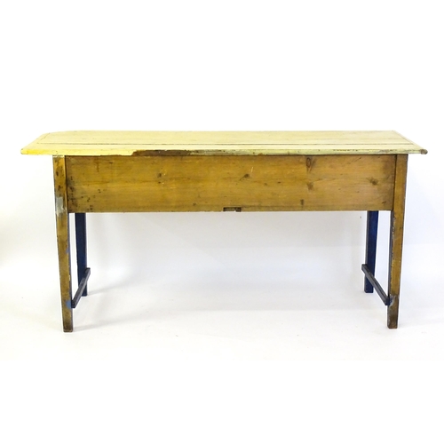 1440 - Early 19thC painted country pine dresser base with a planked top above two long drawers with turned ... 