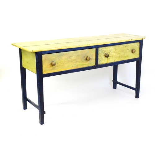 1440 - Early 19thC painted country pine dresser base with a planked top above two long drawers with turned ... 