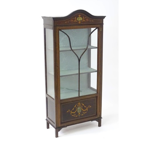 1449 - An early 20thC mahogany display cabinet, with a segmental pediment above a painted frieze and decora... 