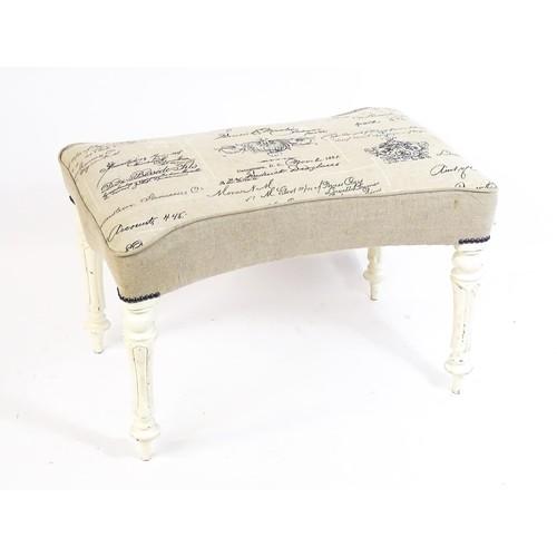 1455 - A 20thC white painted stool with an upholstered top with a concave shaped top raised on fluted turne... 