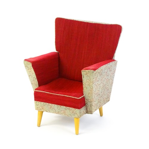 1463 - Vintage / Retro: An upholstered child's chair raised on four turned tapering legs. 22