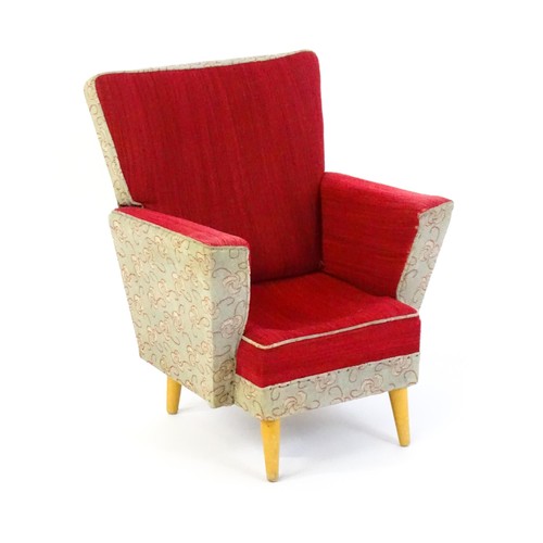 1463 - Vintage / Retro: An upholstered child's chair raised on four turned tapering legs. 22