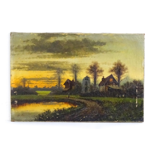 1560 - Cliff Cole, 19th century, Oil on canvas, Departing Day, A sunset river landscape with a village beyo... 