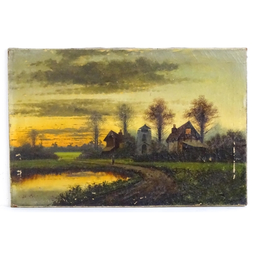 1560 - Cliff Cole, 19th century, Oil on canvas, Departing Day, A sunset river landscape with a village beyo... 