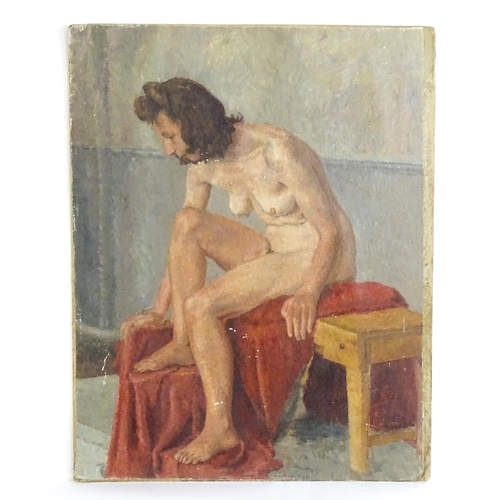 1562 - 20th century, Oil on canvas laid on board, A female nude on a bench with red drapery. Possibly Geral... 