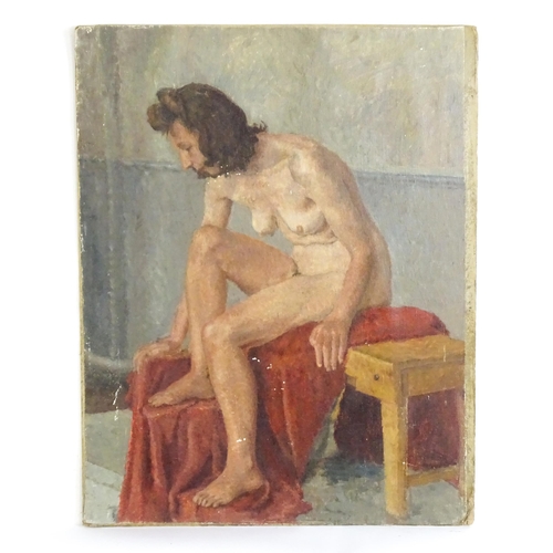 1562 - 20th century, Oil on canvas laid on board, A female nude on a bench with red drapery. Possibly Geral... 