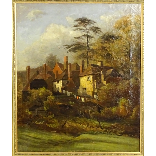 1565 - Early 20th century, English School, Oil on canvas, A wooded village scene with washing on the line. ... 