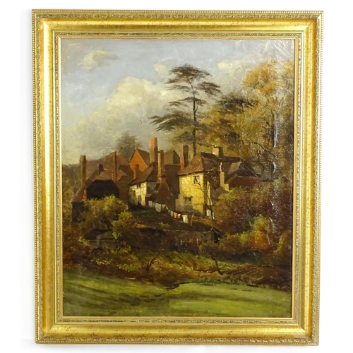 1565 - Early 20th century, English School, Oil on canvas, A wooded village scene with washing on the line. ... 