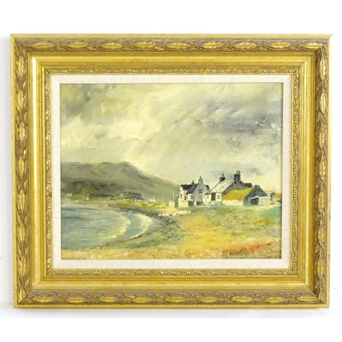 1569 - R. Walton, 20th century, Scottish School, Oil on canvas, Loch shore with waterfront houses and mount... 