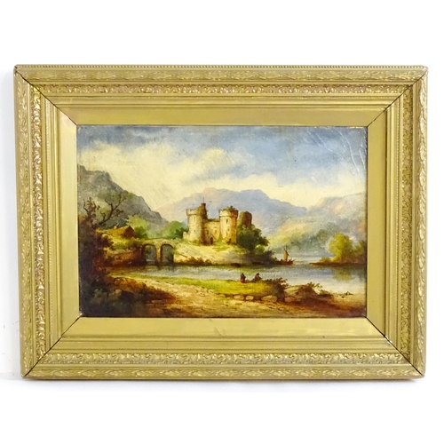 1572 - R. Bower, 19th century, A Scottish castle in a Highland landscape, with figures on the loch shore. S... 