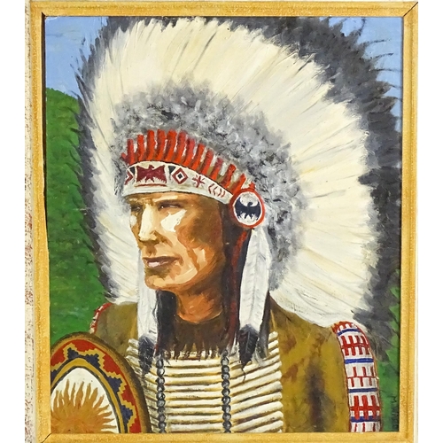 1573 - M. Ward, 20th century, Oil on board, A Native American portrait with feather headdress. Signed lower... 