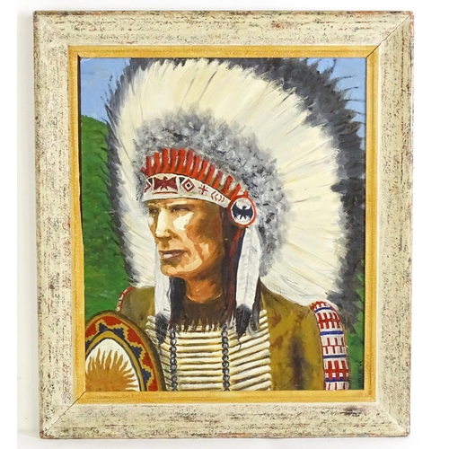 1573 - M. Ward, 20th century, Oil on board, A Native American portrait with feather headdress. Signed lower... 