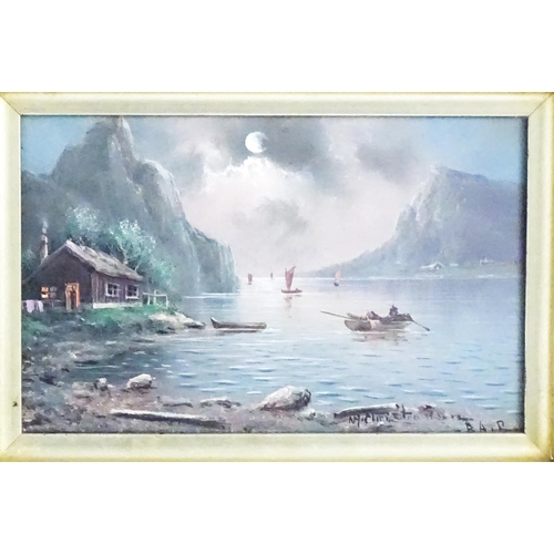 1576 - Nils Hans Christiansen (1850-1922), Oil on board, A Norwegian moonlit fjord with sailing boats. Sign... 